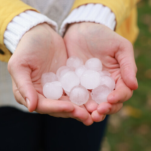 a woman with a handful of hailstones