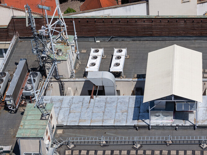 overhead view of apartment building roofing