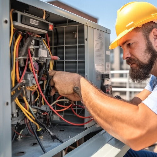 Technician working on air conditioning outdoor unit, Repairing air conditioner.
