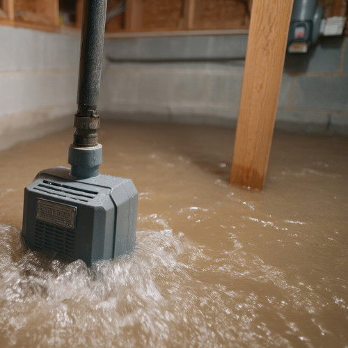 A sump pump actively drains excess water from a flooded basement, showcasing an effective solution to prevent damage and ensure dry living conditions.