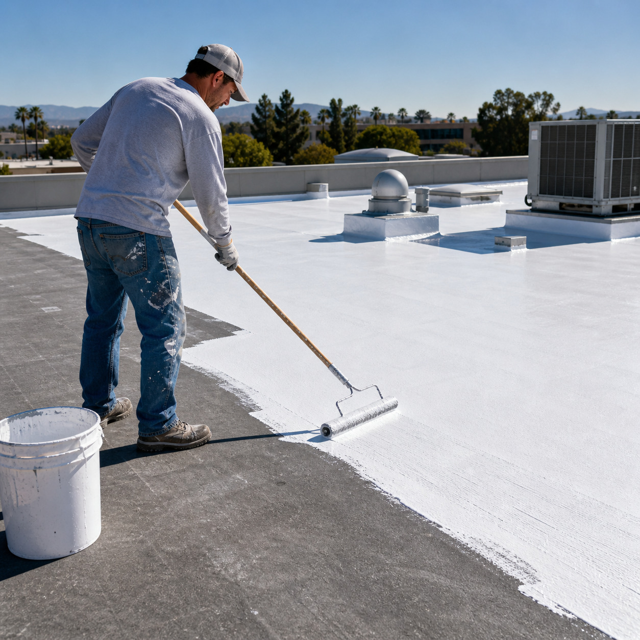 worker applying a flat roof coating