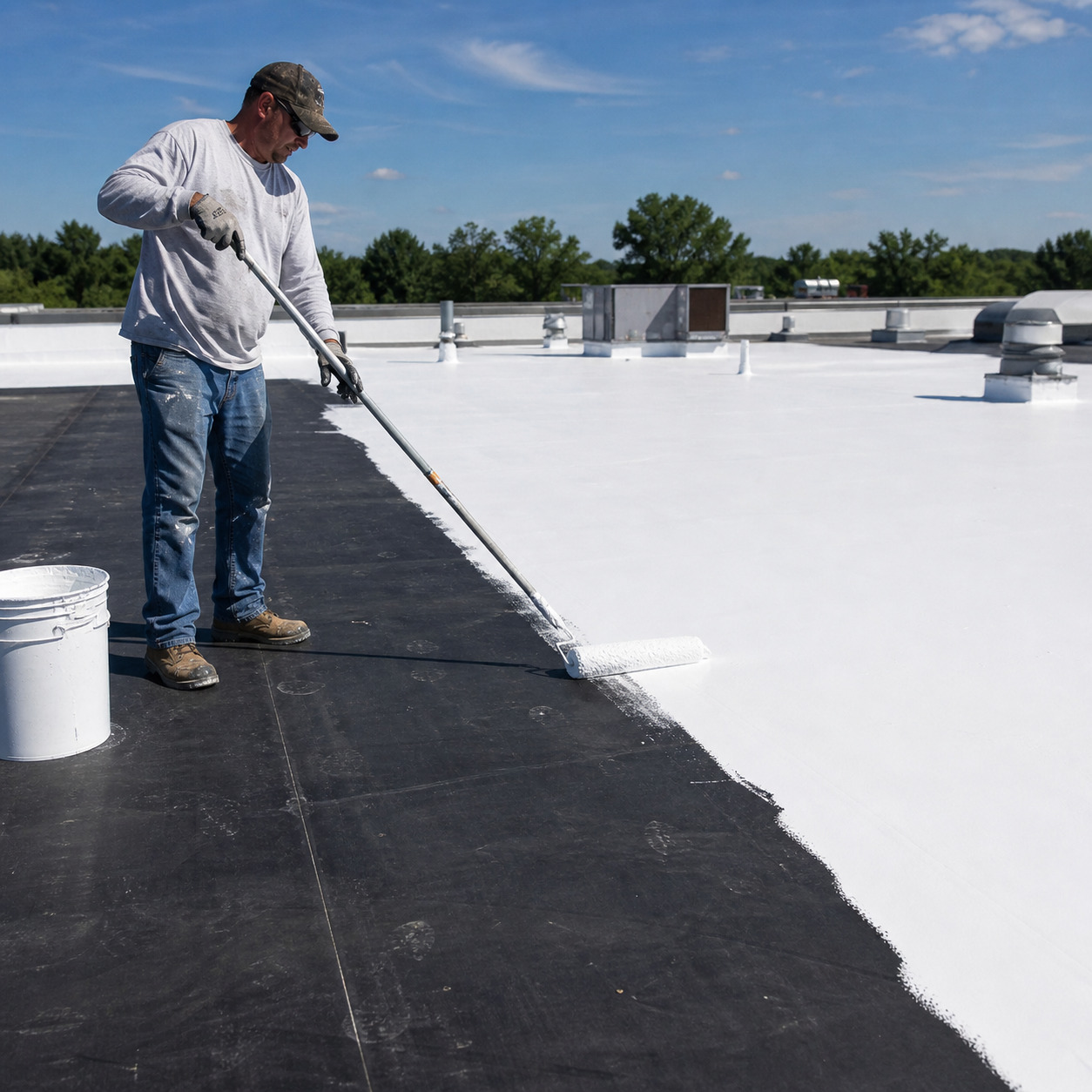 worker applying a rubber roof coating