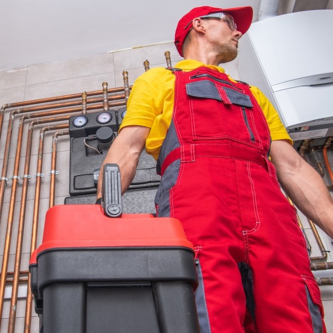 An HVAC repairman in red overalls has just finished inspecting a furnace unit