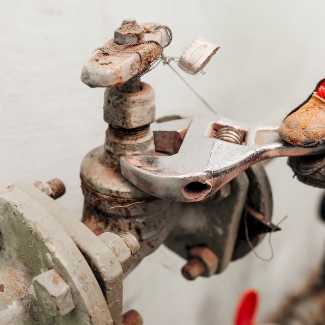 Wrench turning a rusty part of the pipe system.