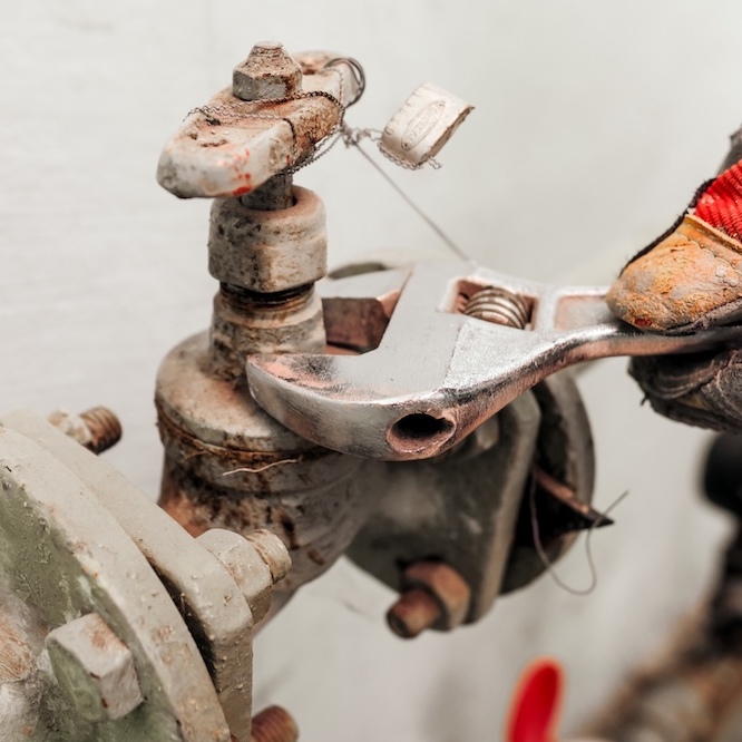 A plumber is using a wrench to turn a rusty screw on a valve.