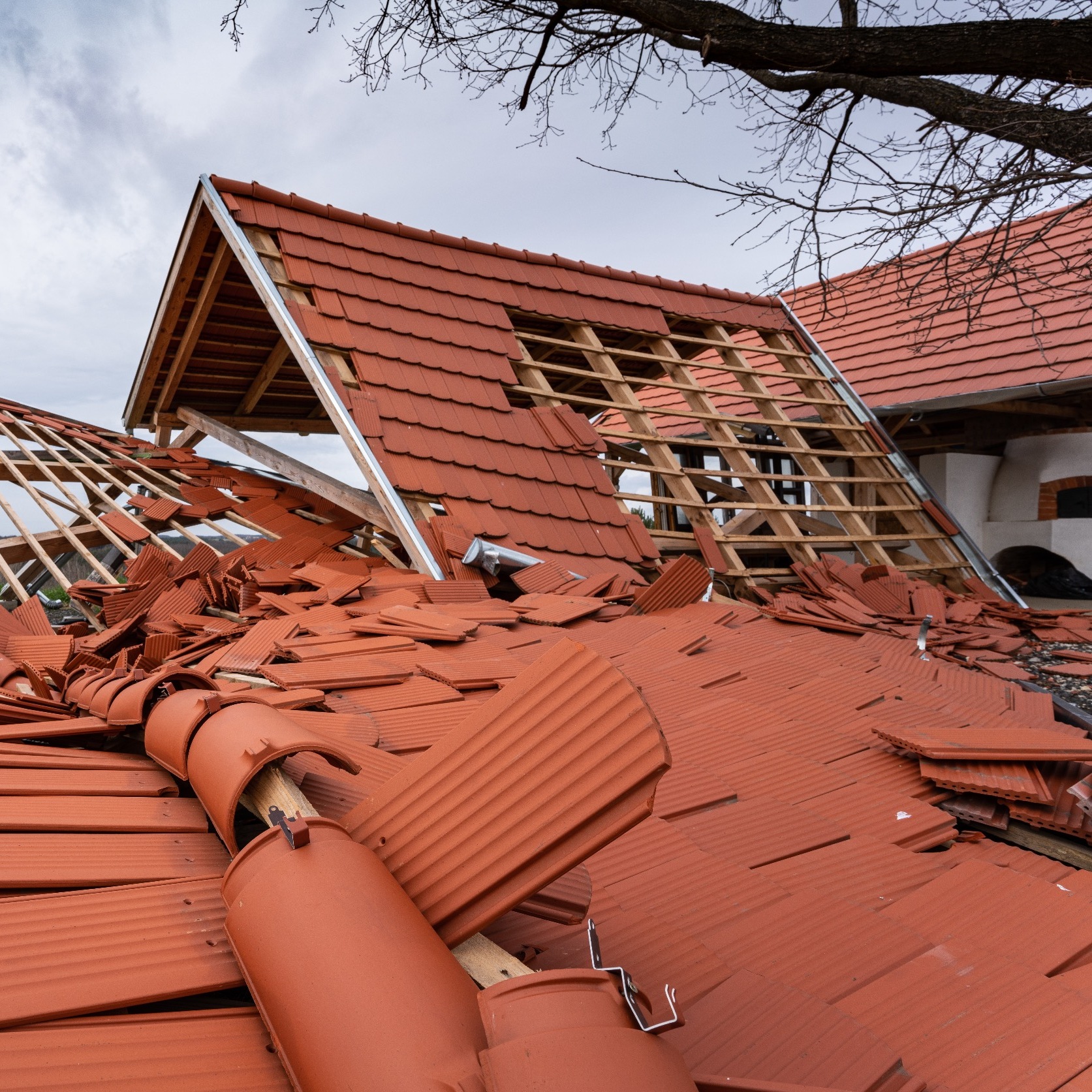 roof tiles strewn by wind storm
